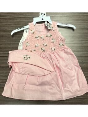 Vintage Crayon Kids It's Baby Bloomer Bonnet Dress Set 12M Pink White Smocked
